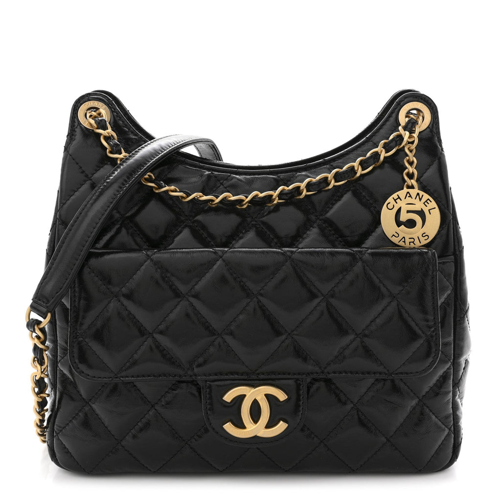 Chanel Shiny Crumpled Calfskin Quilted Wavy CC Hobo Black