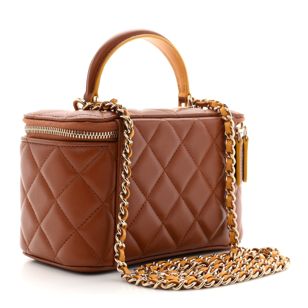 Chanel Lambskin Quilted Small Top Handle Vanity Case With Chain Light Brown Yellow