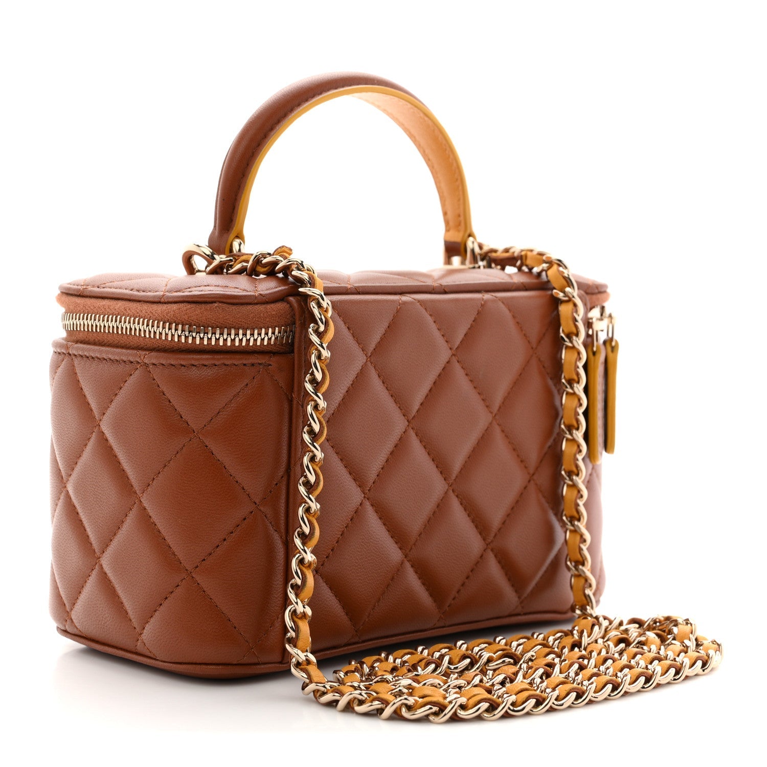 Chanel Lambskin Quilted Small Top Handle Vanity Case With Chain Light Brown Yellow
