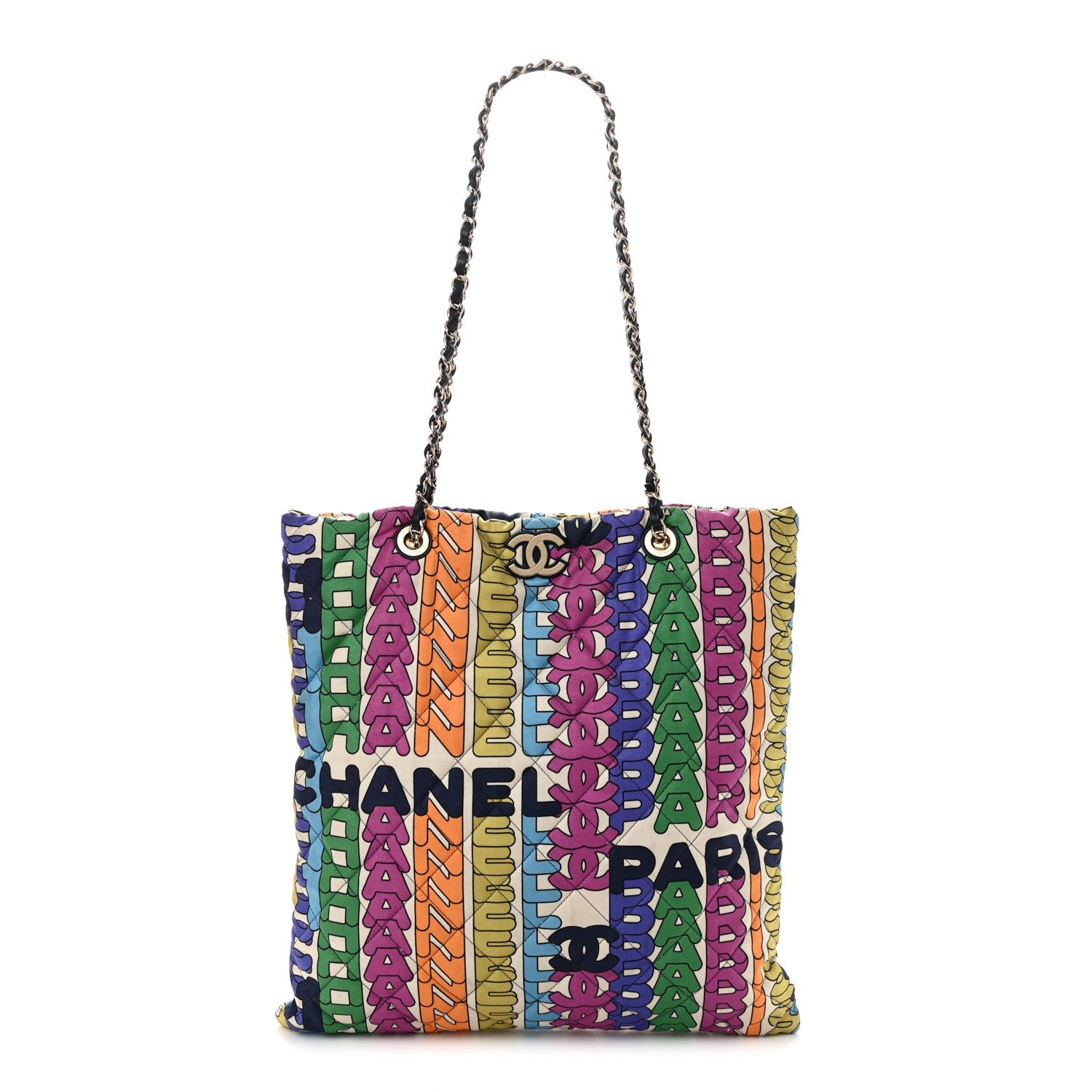 Chanel Printed Fabric Quilted Logo Large Shopping Tote Multicolor