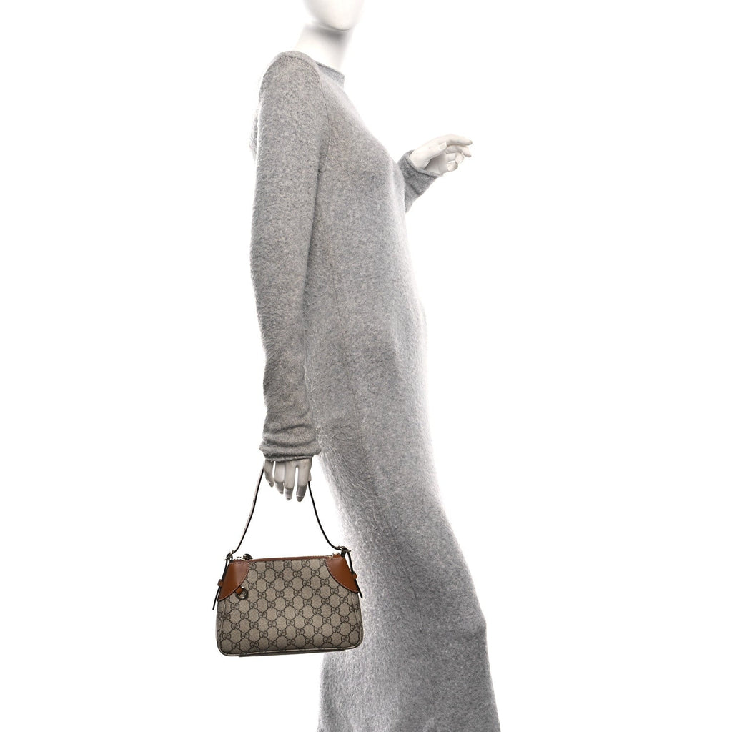 Gucci GG Supreme Monogram Textured Calfskin Small Emblem Shoulder Bag Beige Dark Brown