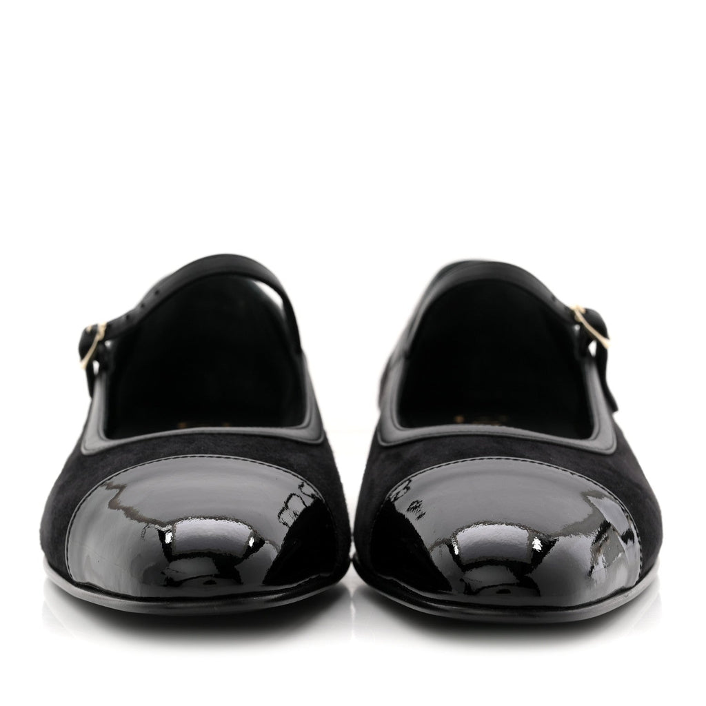 Chanel Suede Kidskin Lambskin Patent Calfskin Crystal CC Cap Toe Flats 40 Black