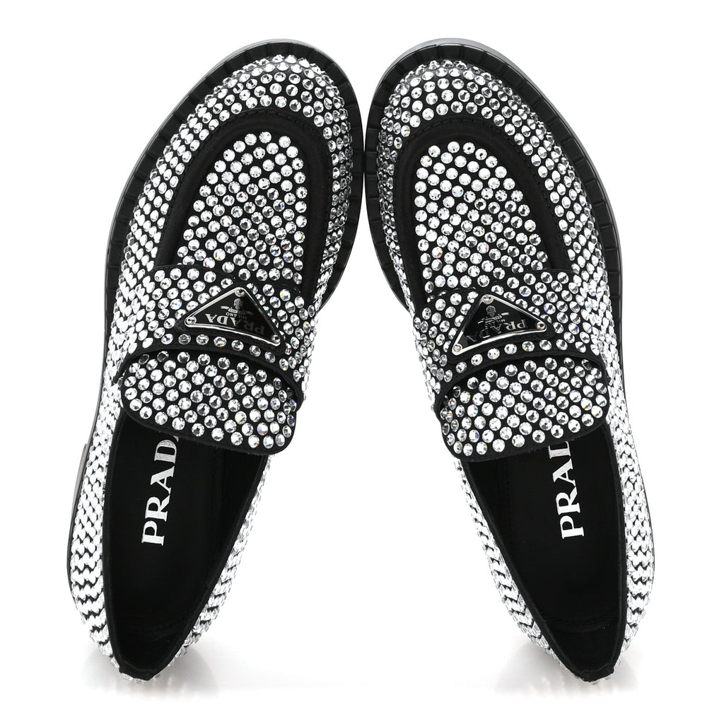 Prada Satin Crystal Metal Triangle Logo 50mm Loafers 36.5 Cristal