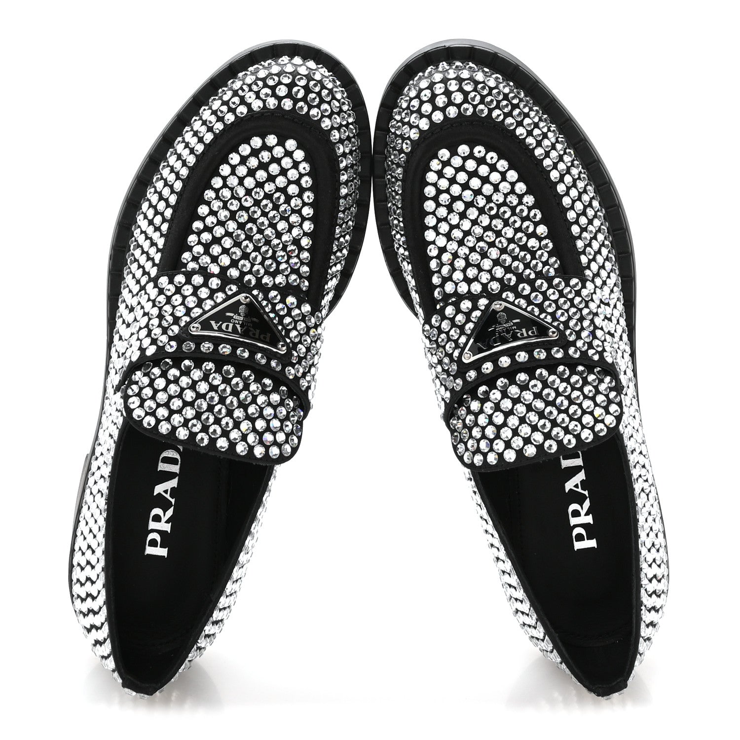 Prada Satin Crystal Metal Triangle Logo 50mm Loafers 36.5 Cristal
