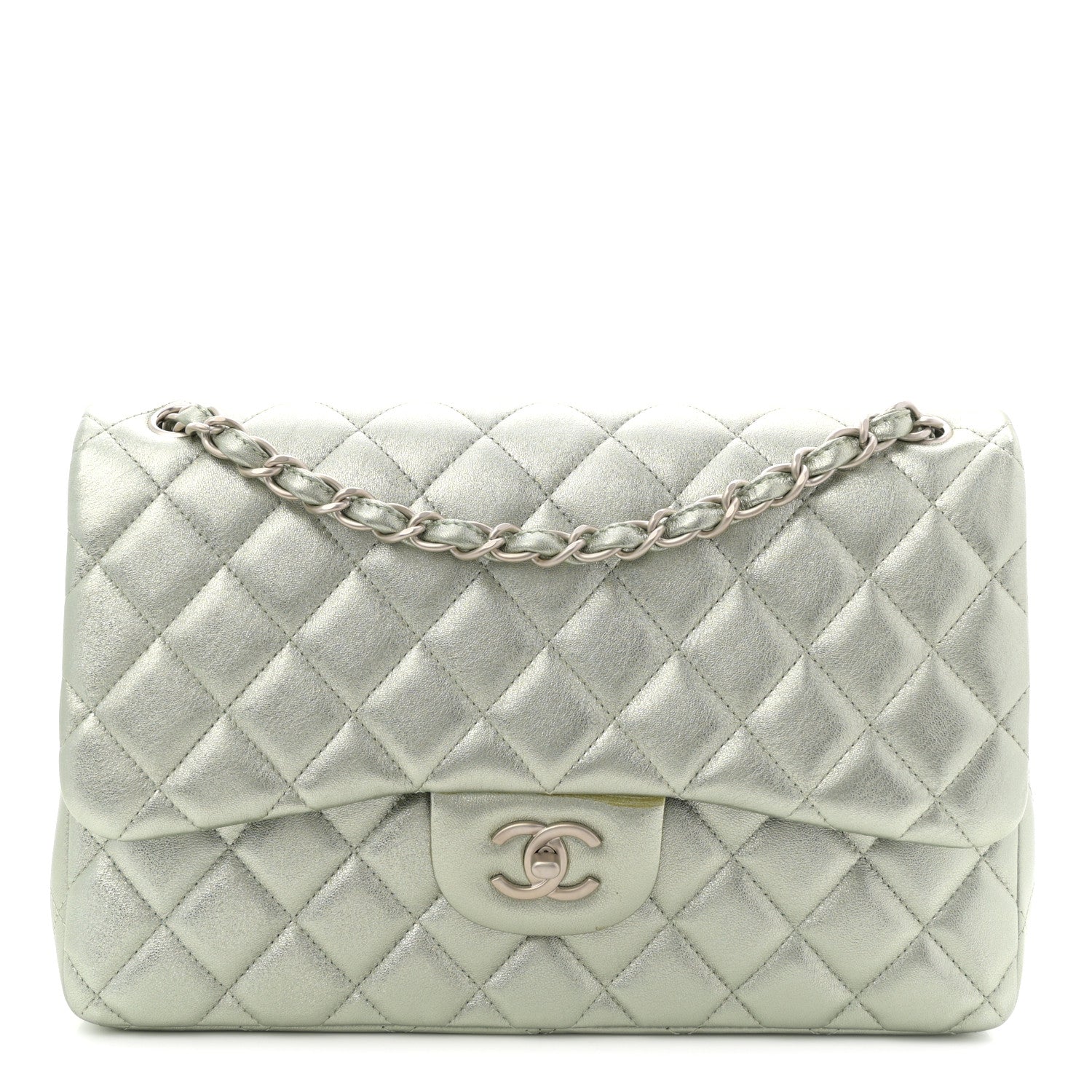 Chanel Metallic Lambskin Quilted Jumbo Double Flap Green