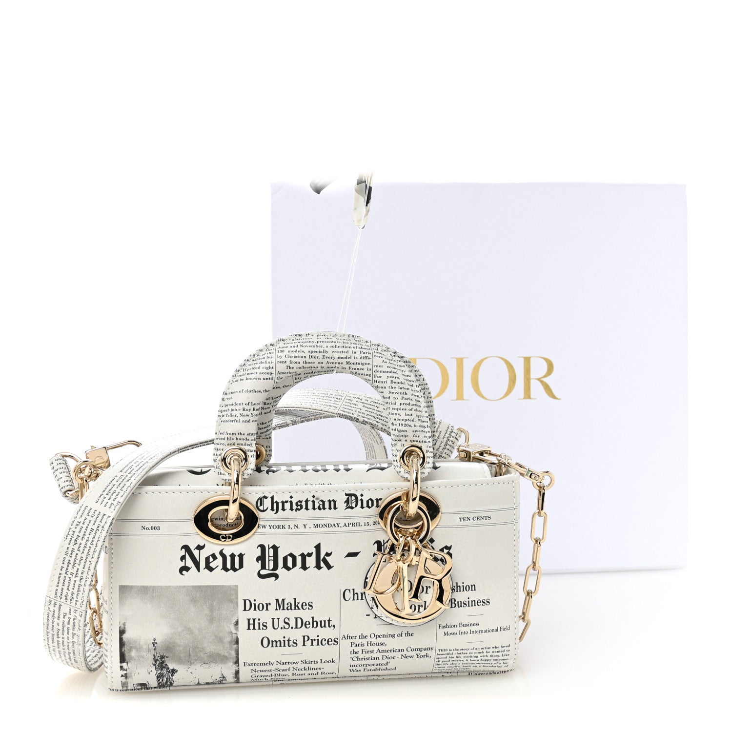 Christian Dior Calfskin Newspaper Printed Small Lady D-Joy Black White