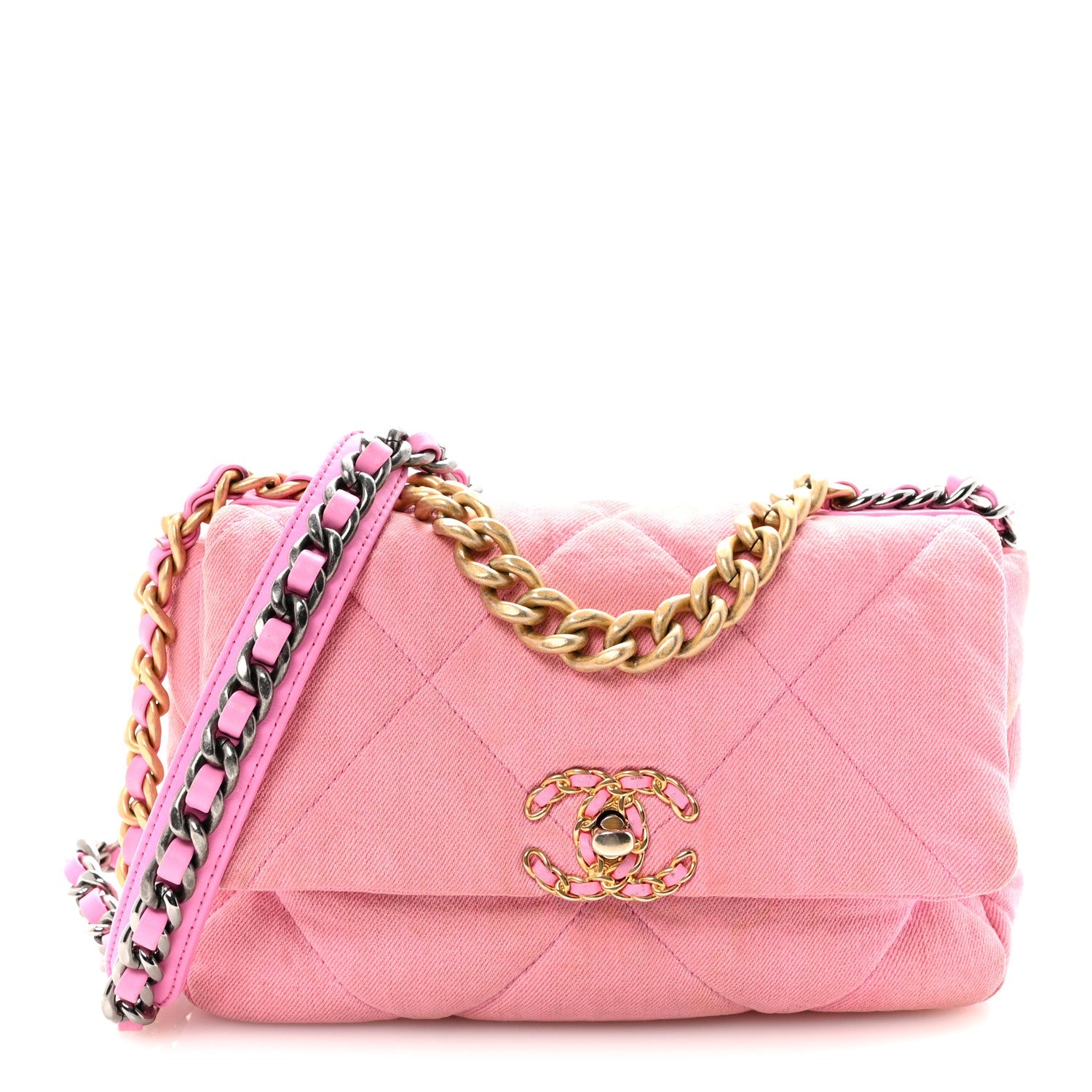 Chanel Denim Quilted Medium Chanel 19 Flap Neon Pink