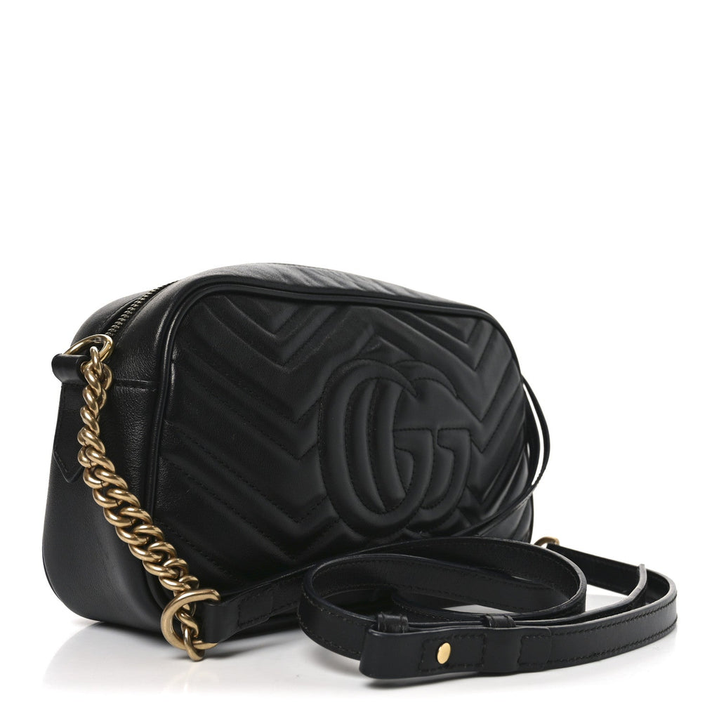 Gucci Calfskin Matelasse Small GG Marmont Chain Shoulder Bag Black