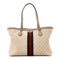 Gucci GG Supreme Monogram Textured Dollar Calfskin Web Medium Ophidia Shopping Tote Beige Mystic White Oatmeal