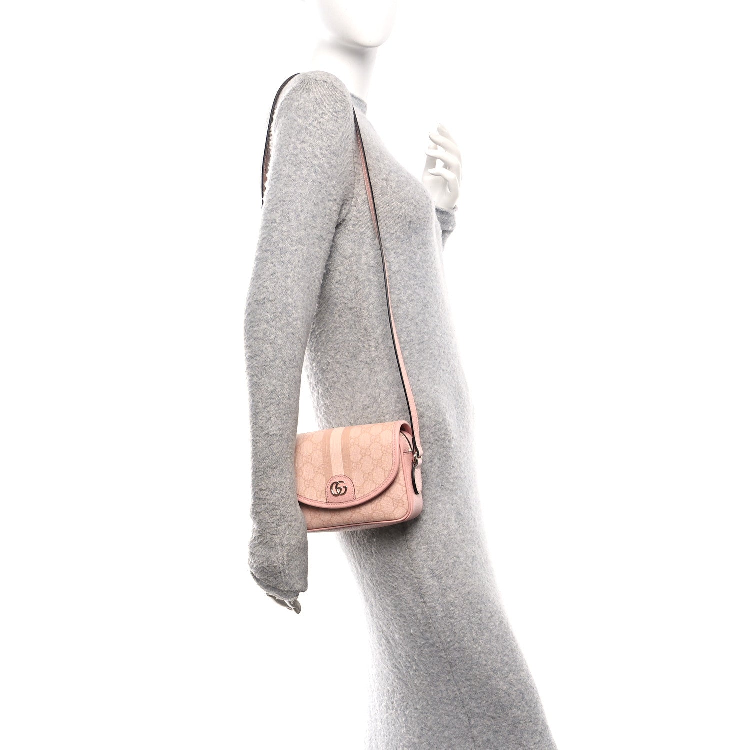 Gucci GG Supreme Monogram Textured Dollar Calfskin Mini Ophidia Flap Shoulder Bag Rose Pink