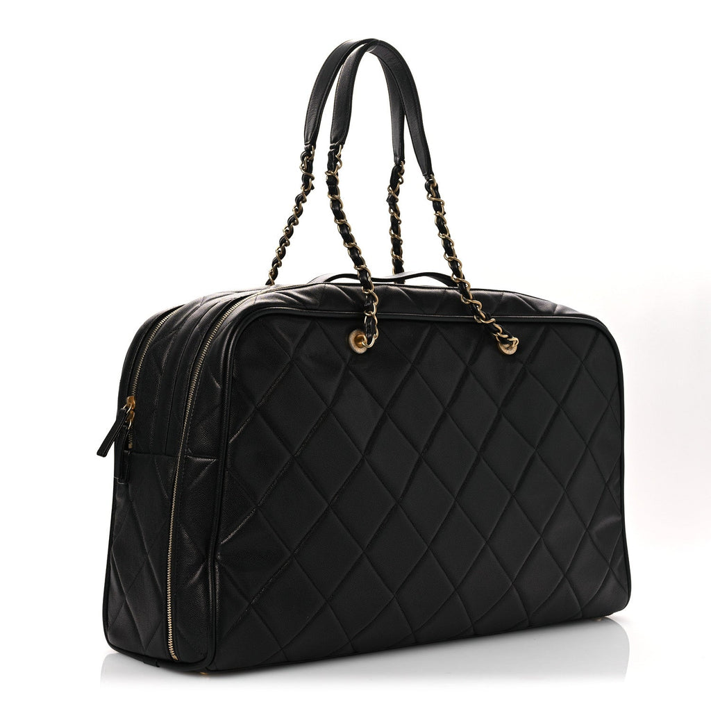 Chanel Shiny Grained Calfskin Quilted Large Travel Bowling Bag Black