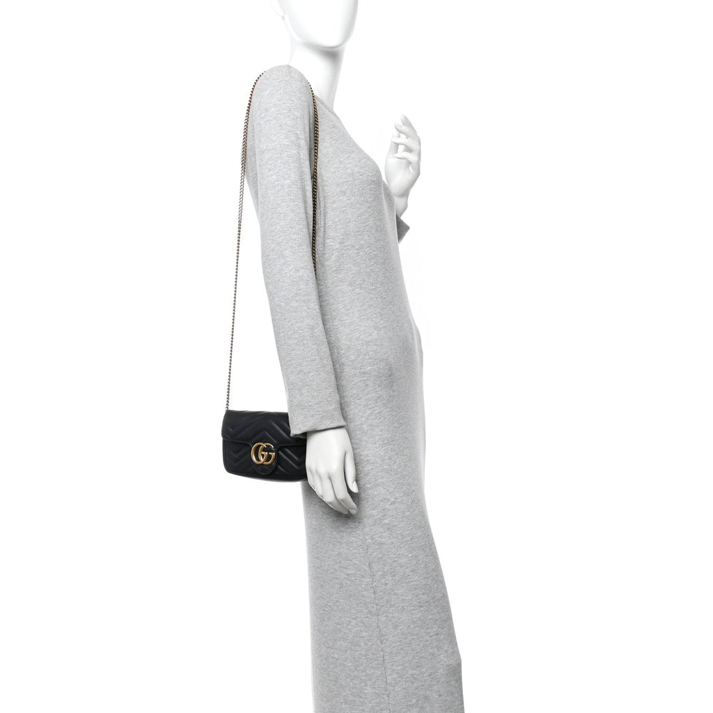 Gucci Calfskin Matelasse Super Mini GG Marmont Shoulder Bag Black