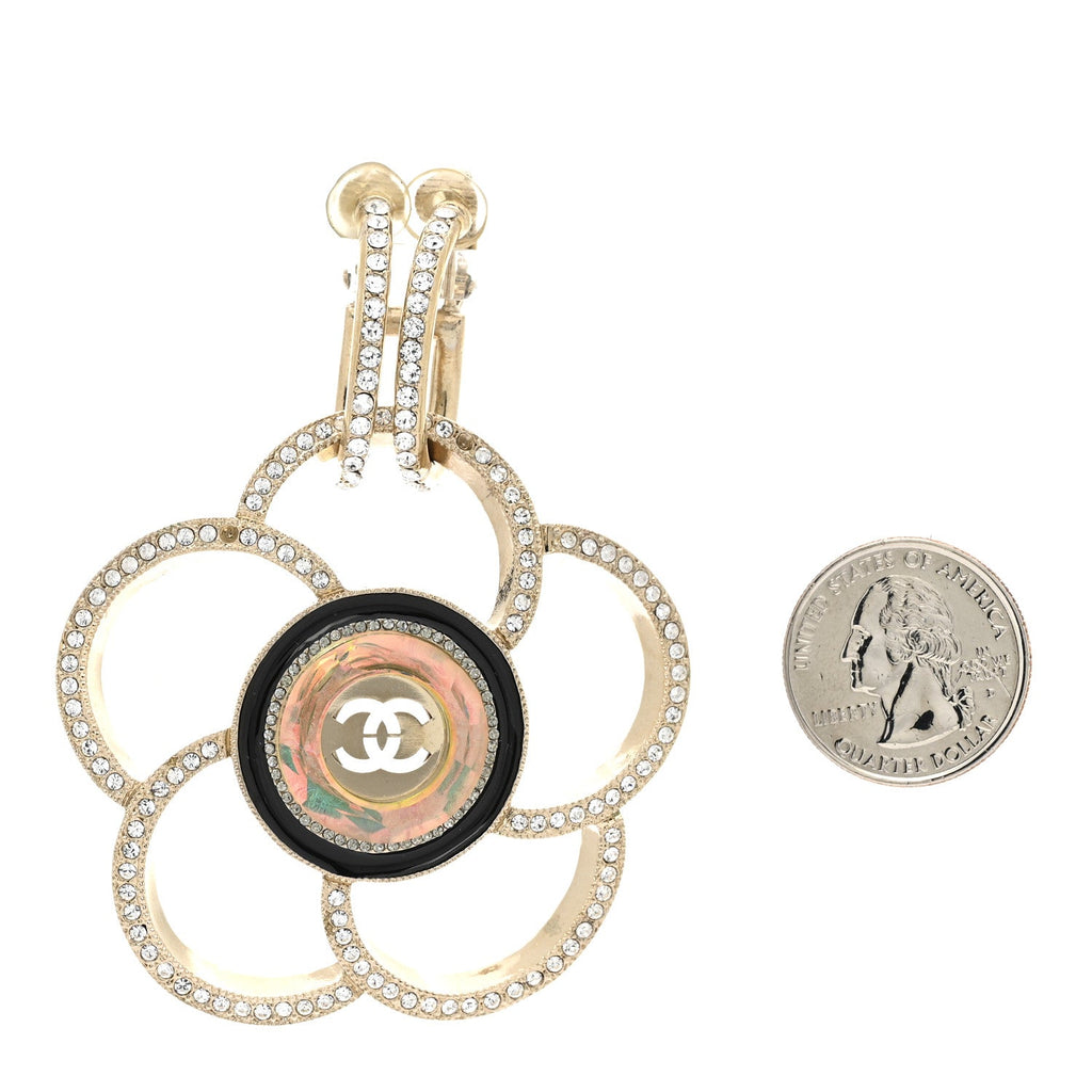 Resin Crystal CC Camellia Drop Single Clip On Earring Gold Black