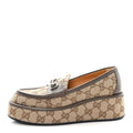Gucci Monogram Horsebit Calfskin Womens Horsebit Wedge Platform Loafers 35.5 Beige Ebony