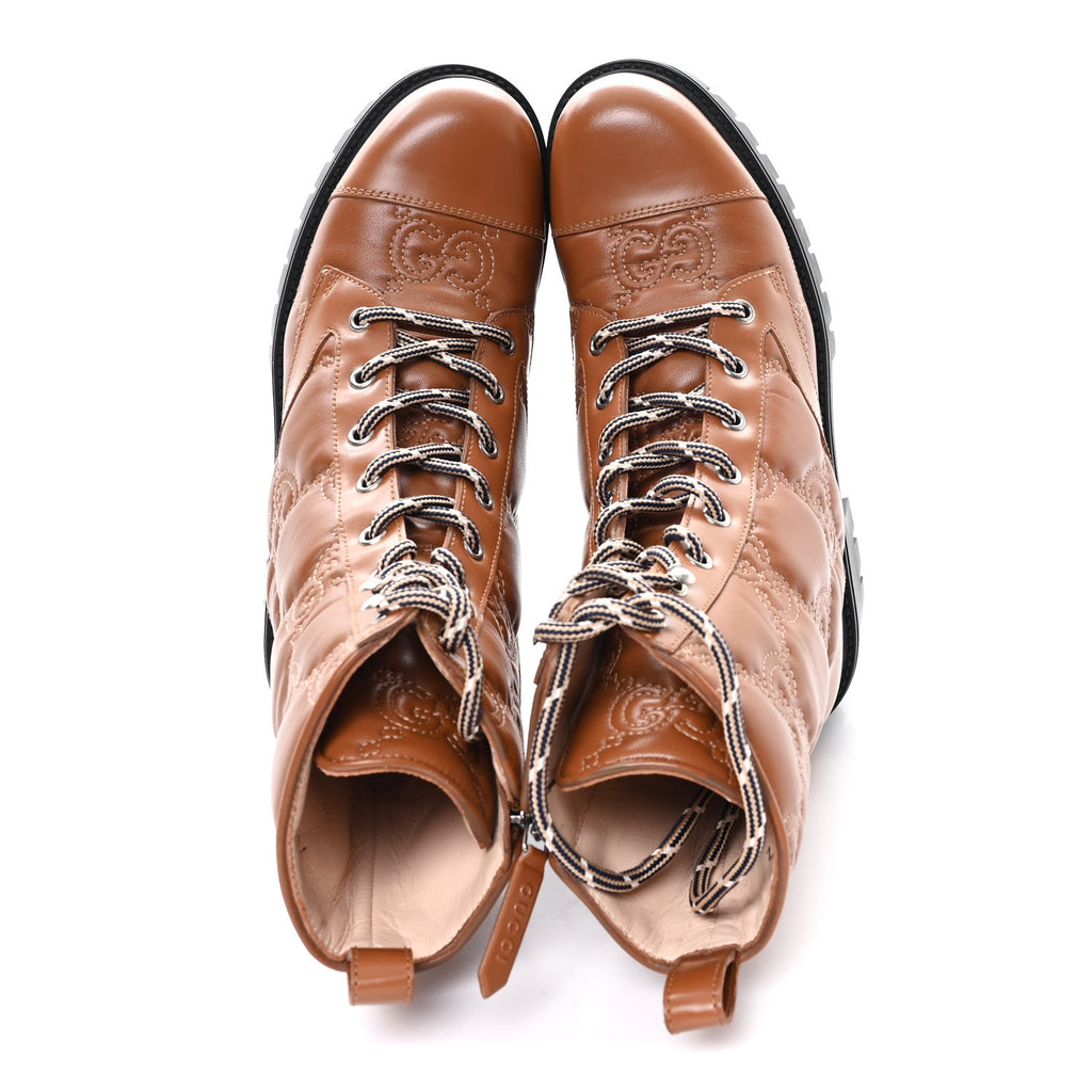 Gucci Cordovan Lux Nappa GG Matelasse Lace Up 60mm Combat Boots 37.5 Dark Hazel Brown