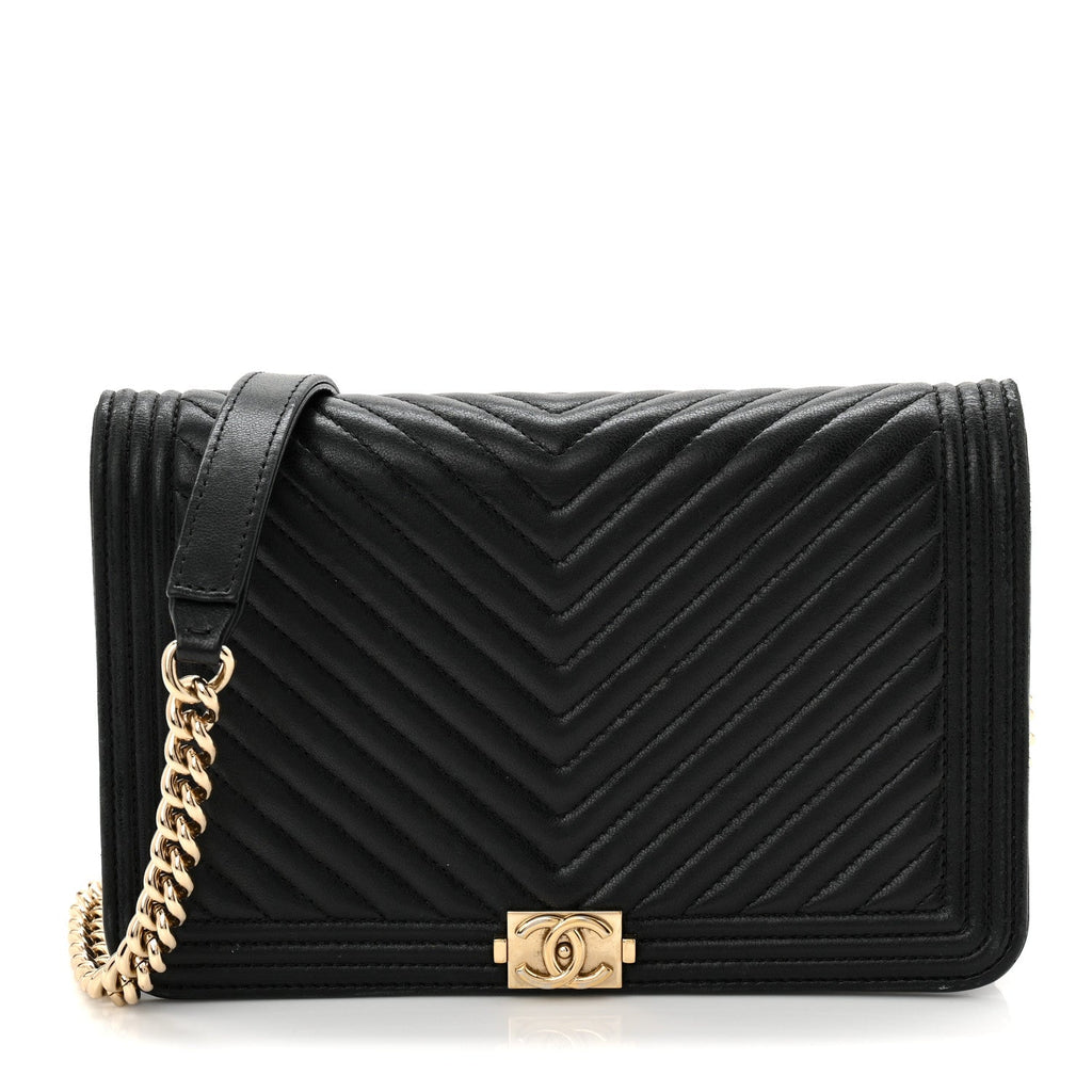 Chanel Lambskin Chevron Boy Wallet On Chain WOC Black