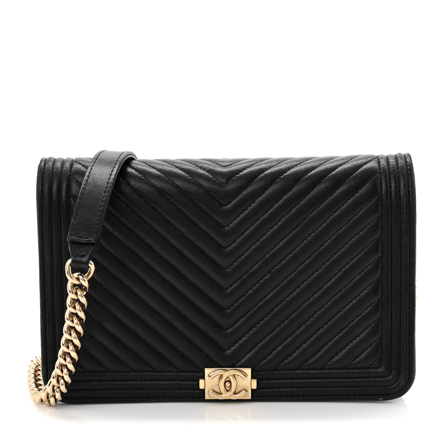 Chanel Lambskin Chevron Boy Wallet On Chain WOC Black