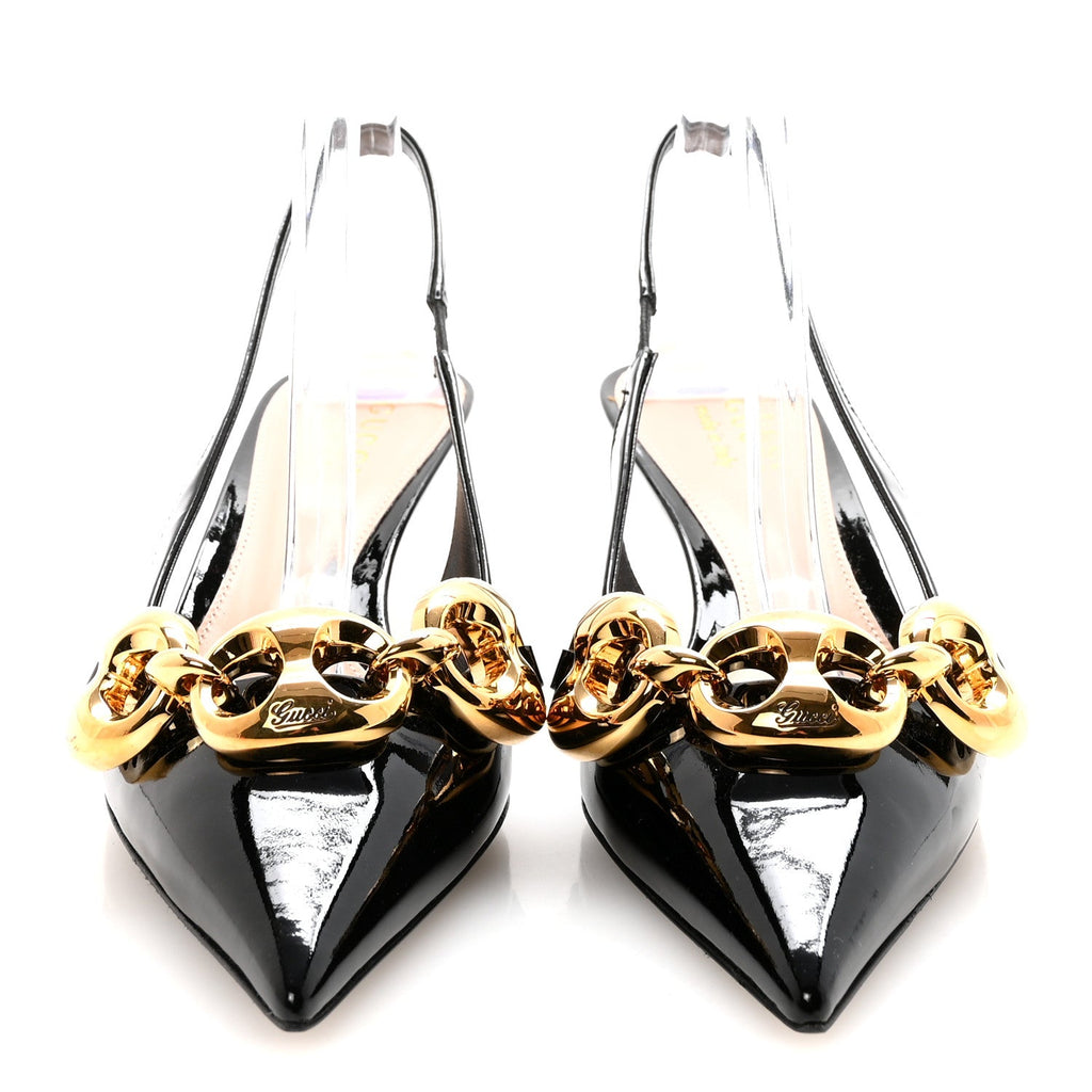 Gucci Vernice Crystal Nappa Charlotte Marina Slingback Pumps 37 Black
