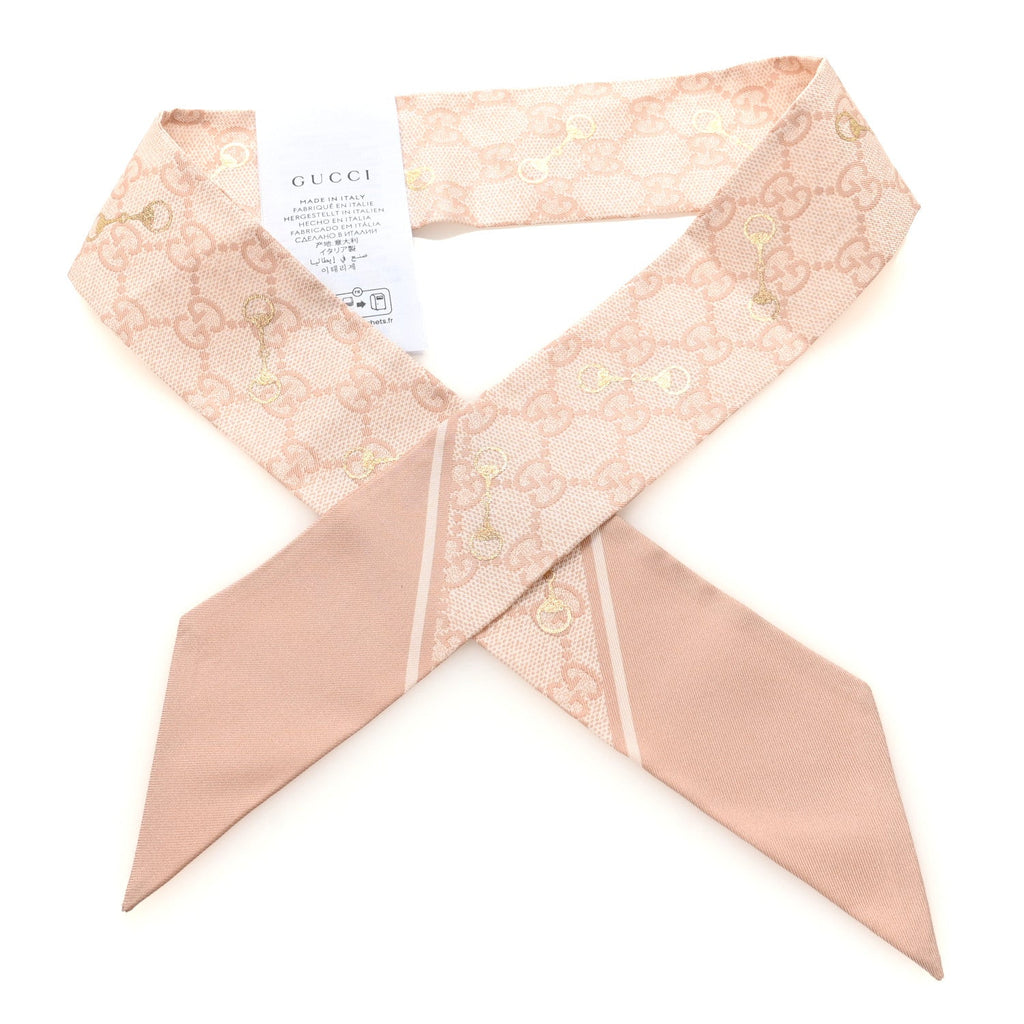 Gucci Silk Twill GG Monogram Gold Horsebity Neck Bow Scarf Pink