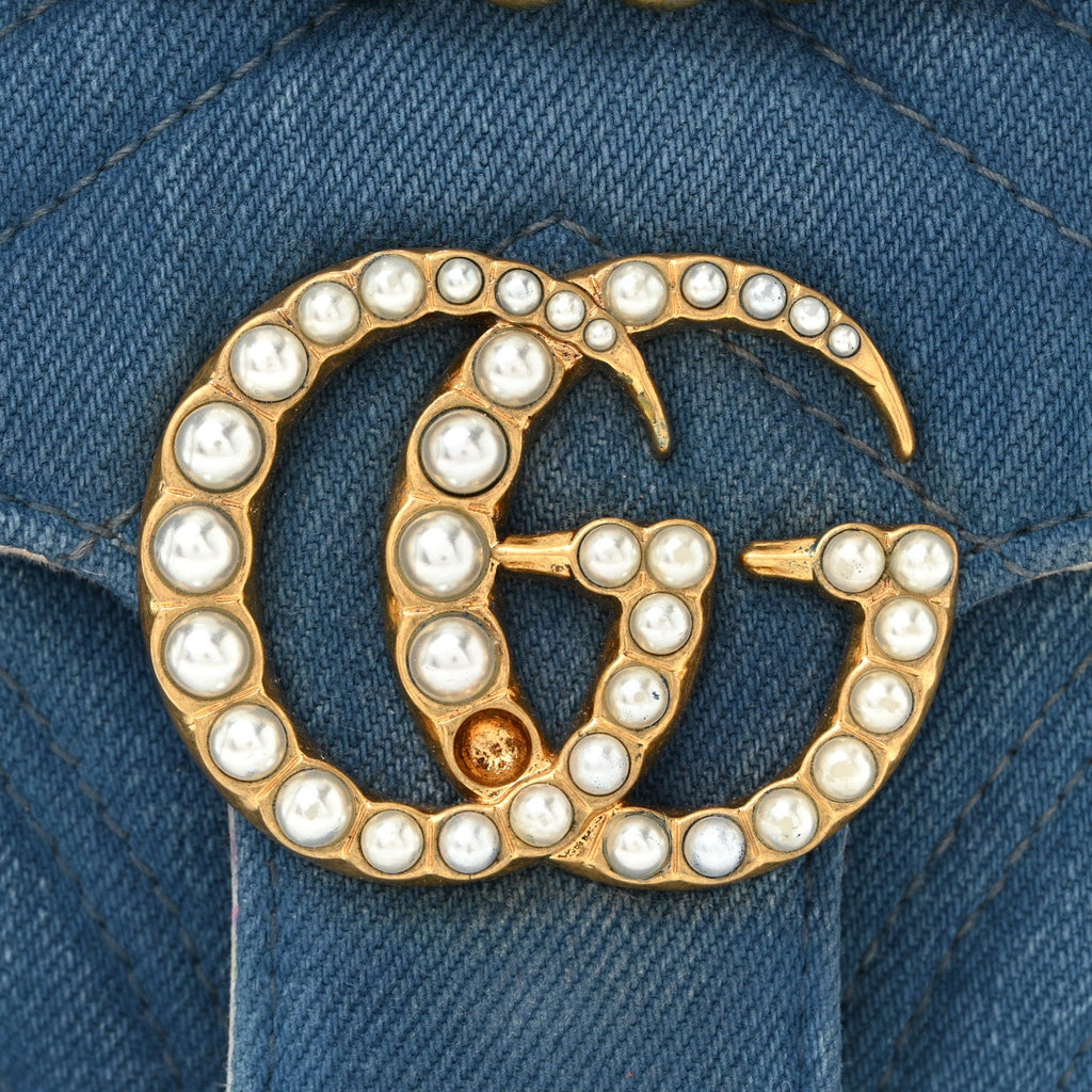 Gucci Denim Matelasse Mini Pearly GG Marmont Shoulder Bag Blue