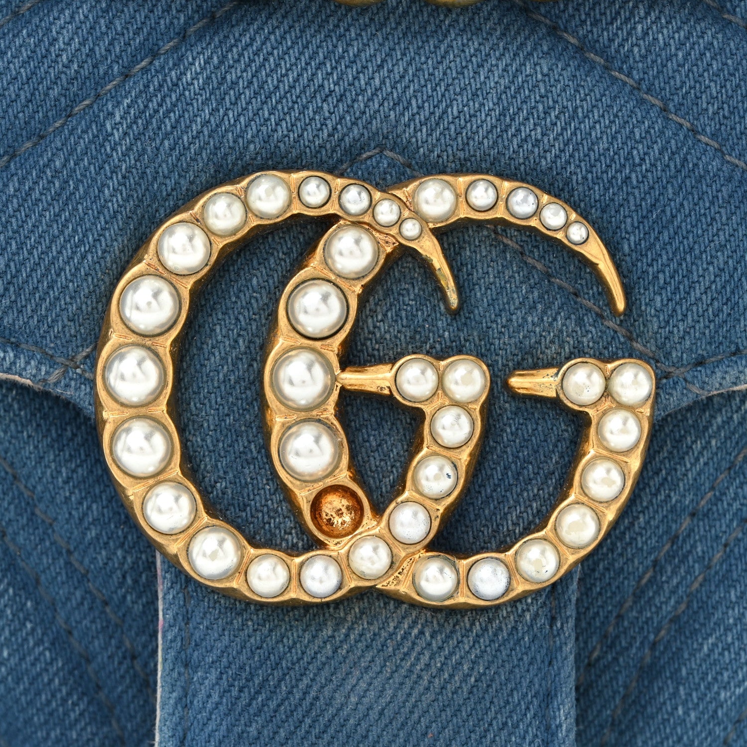 Gucci Denim Matelasse Mini Pearly GG Marmont Shoulder Bag Blue