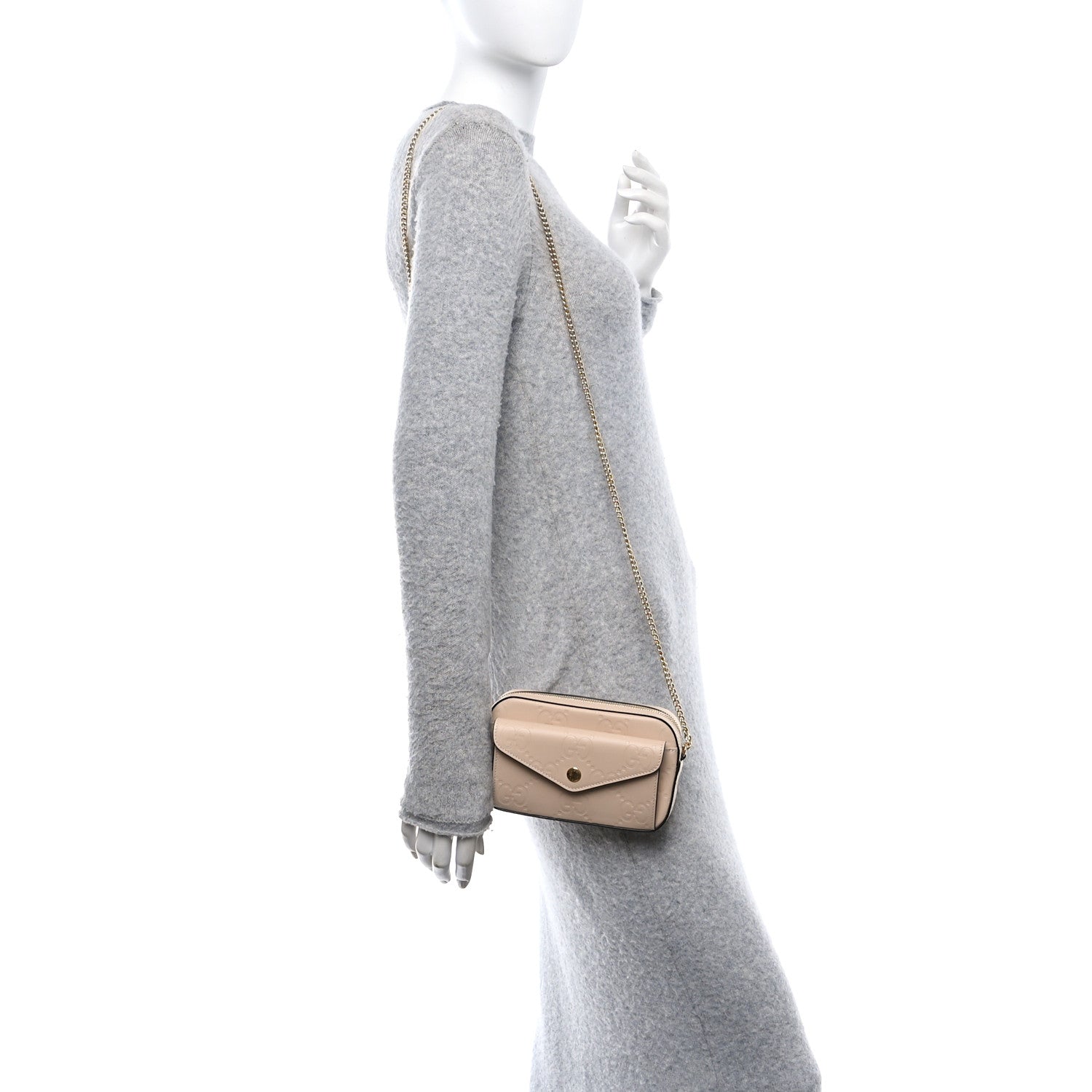 Gucci Calfskin GG Super Mini Debossed Chain Wallet Light Beige