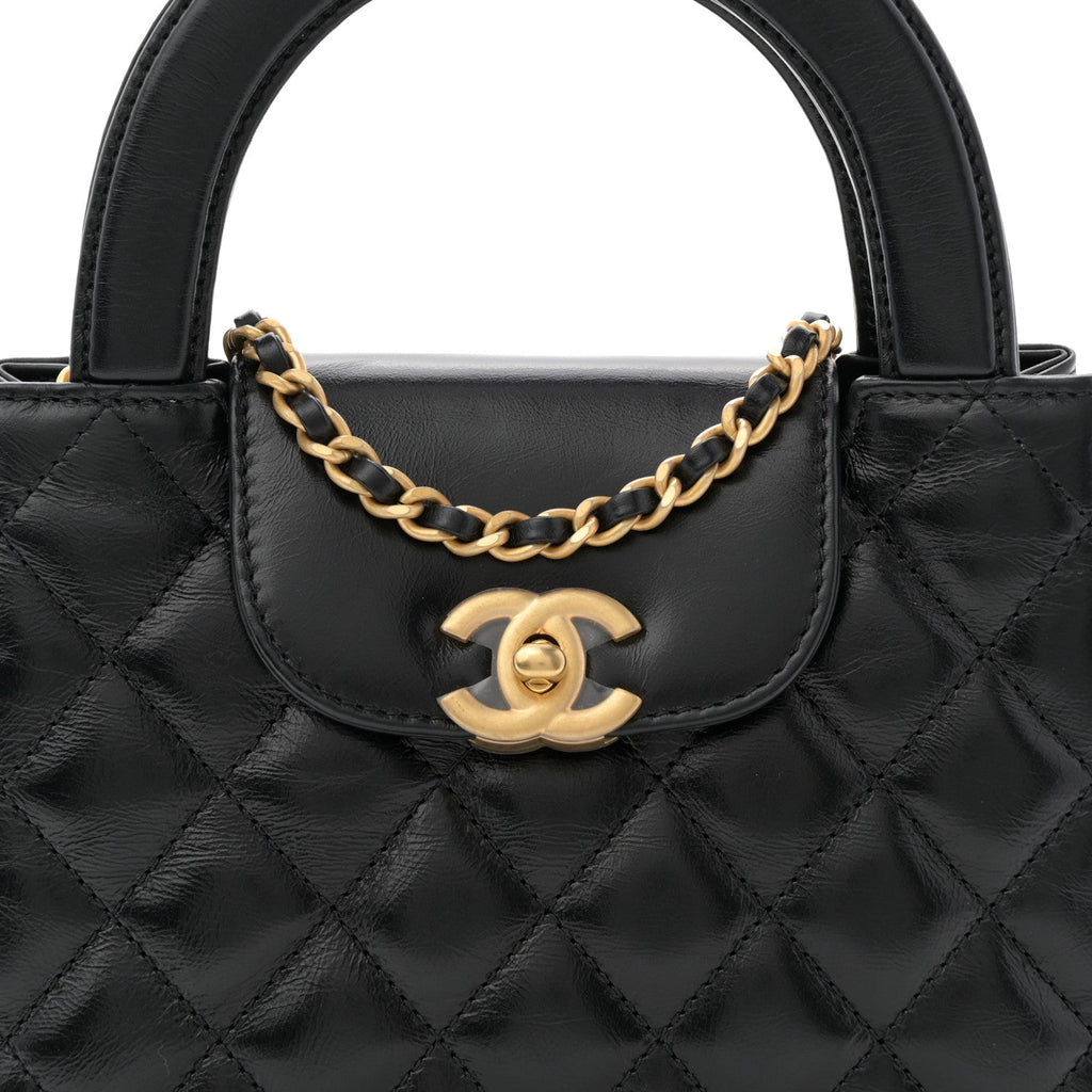 Chanel Shiny Aged Calfskin Quilted Nano Kelly Shopper Black