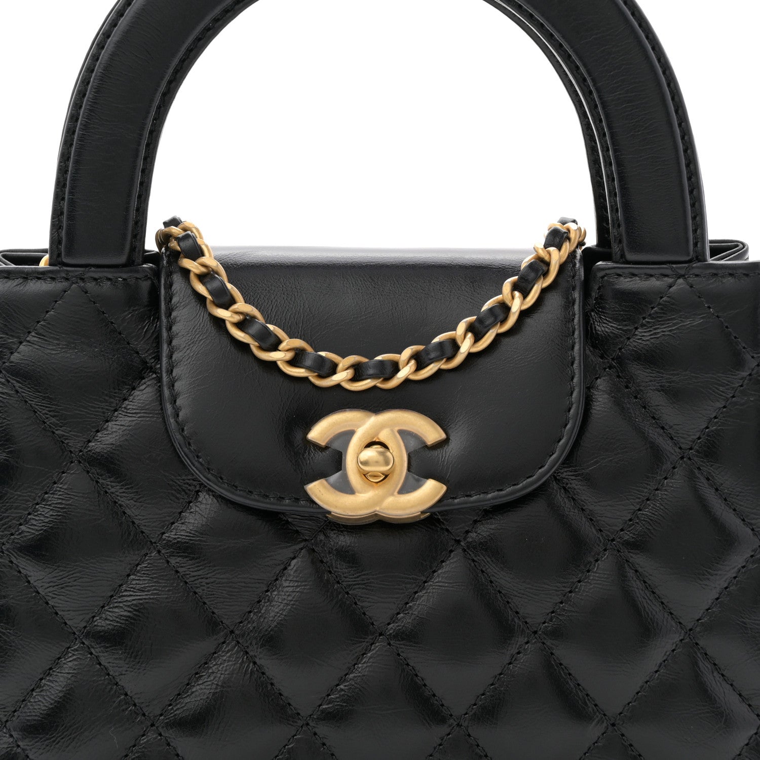 Chanel Shiny Aged Calfskin Quilted Nano Kelly Shopper Black