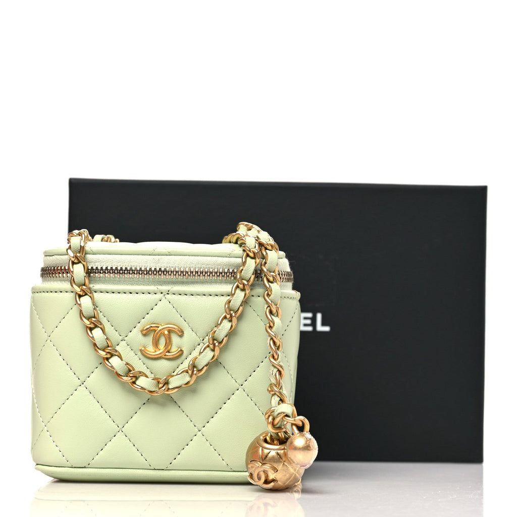 Chanel Lambskin Quilted Pearl Crush Mini Vanity Case With Chain Light Green