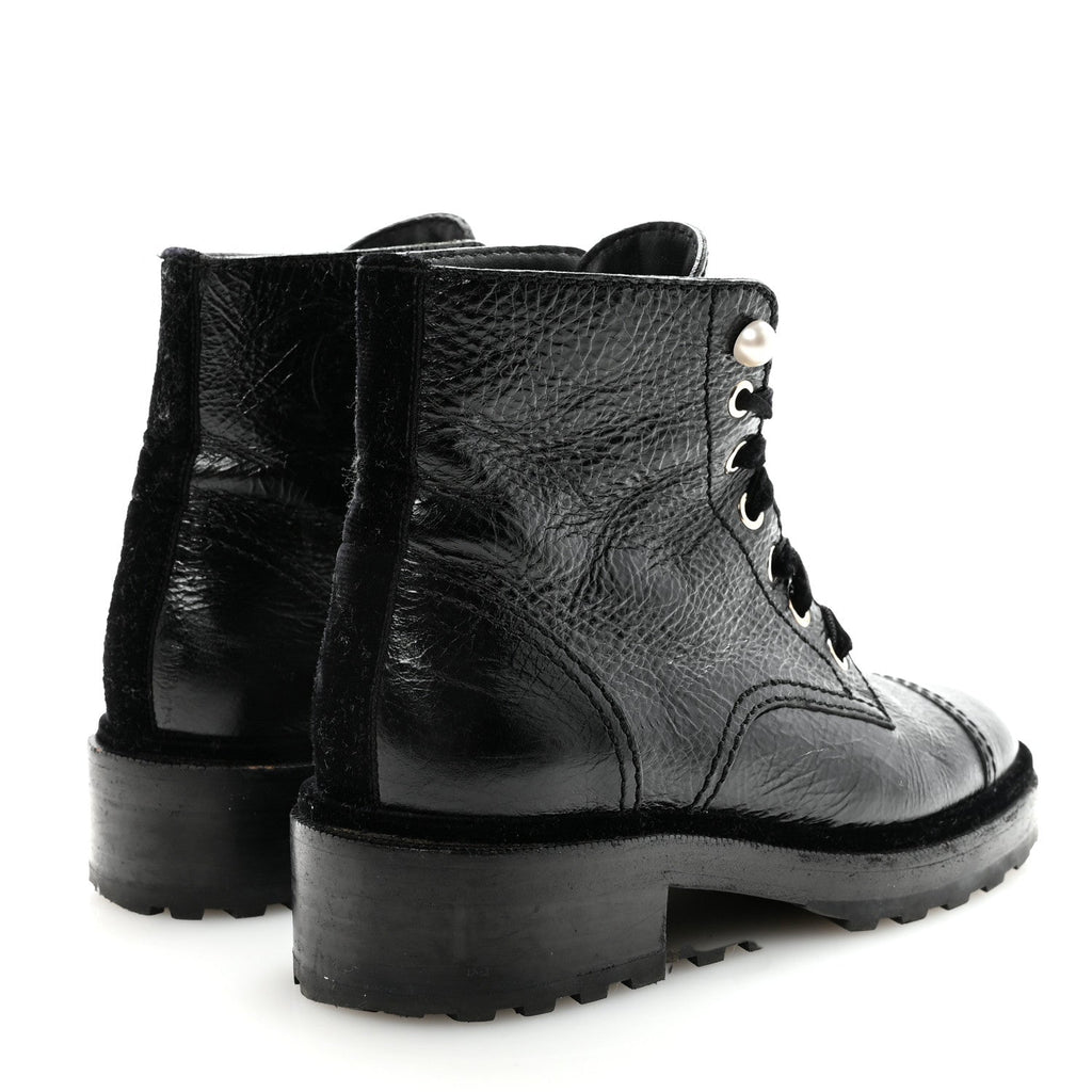 Chanel Shiny Calfskin Velvet Pearl Combat Short Boots 38.5 Black