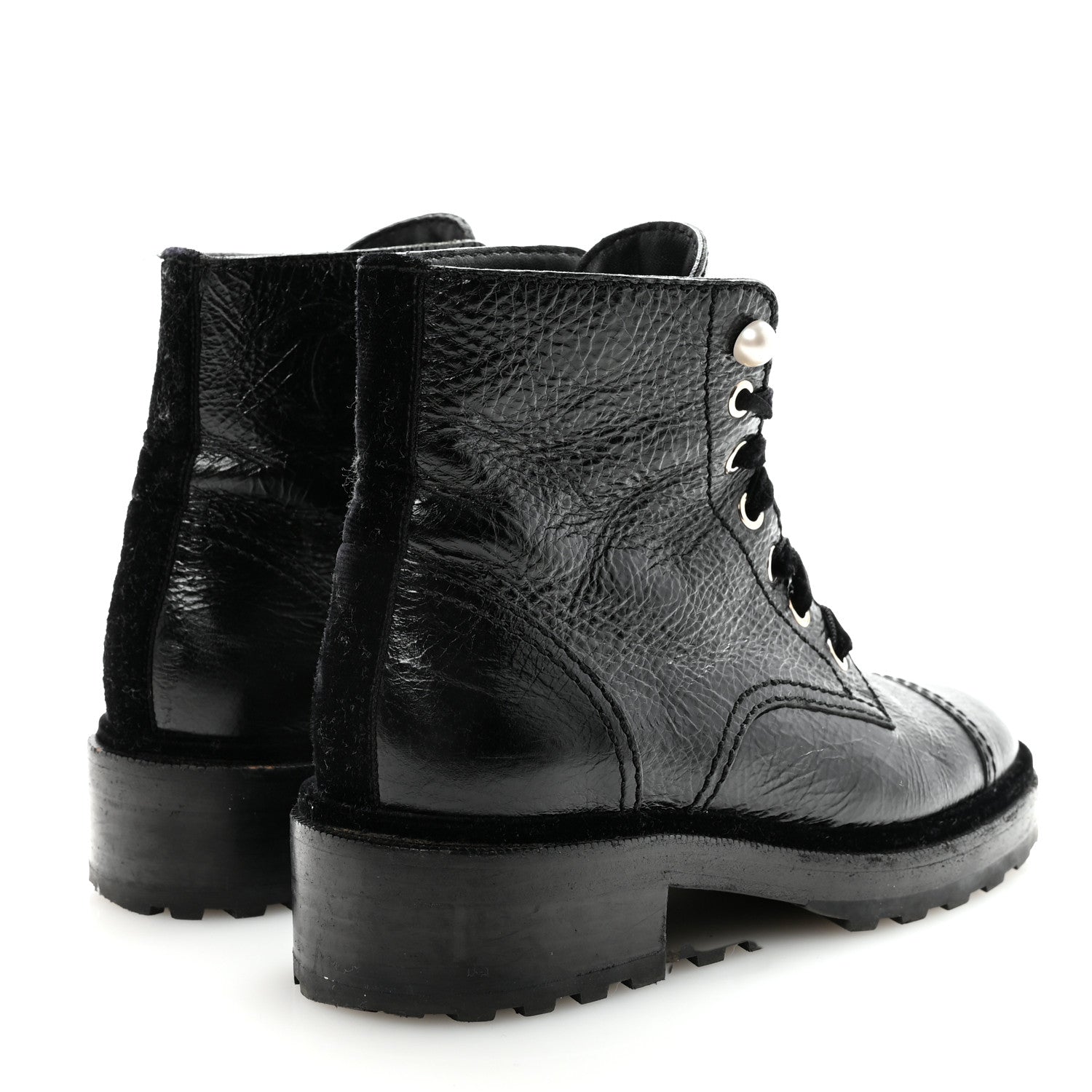Chanel Shiny Calfskin Velvet Pearl Combat Short Boots 38.5 Black