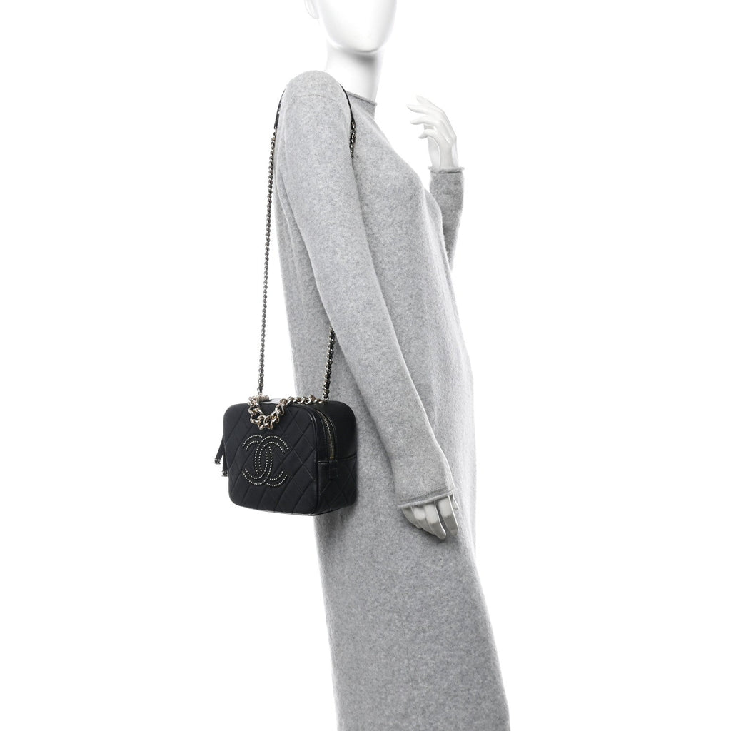 Chanel Lambskin Quilted Studded Quilted Vanity Case With Chain Black