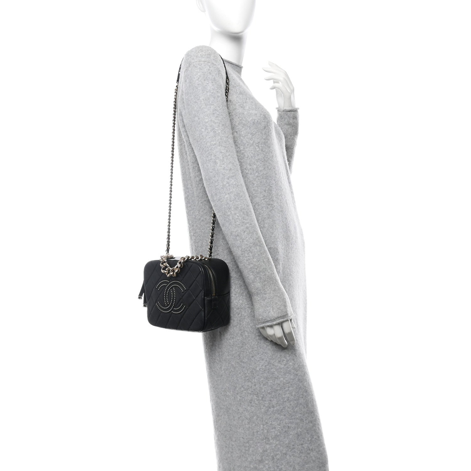 Chanel Lambskin Quilted Studded Quilted Vanity Case With Chain Black