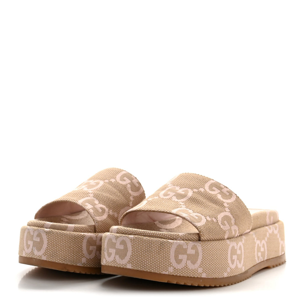 Gucci Monogram Jumbo GG Angelina Platform 55mm Slide Sandals 39.5 Beige Perfect Pink