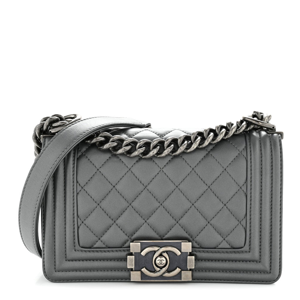 Chanel Metallic Calfskin Quilted Small Boy Flap Dark Silver