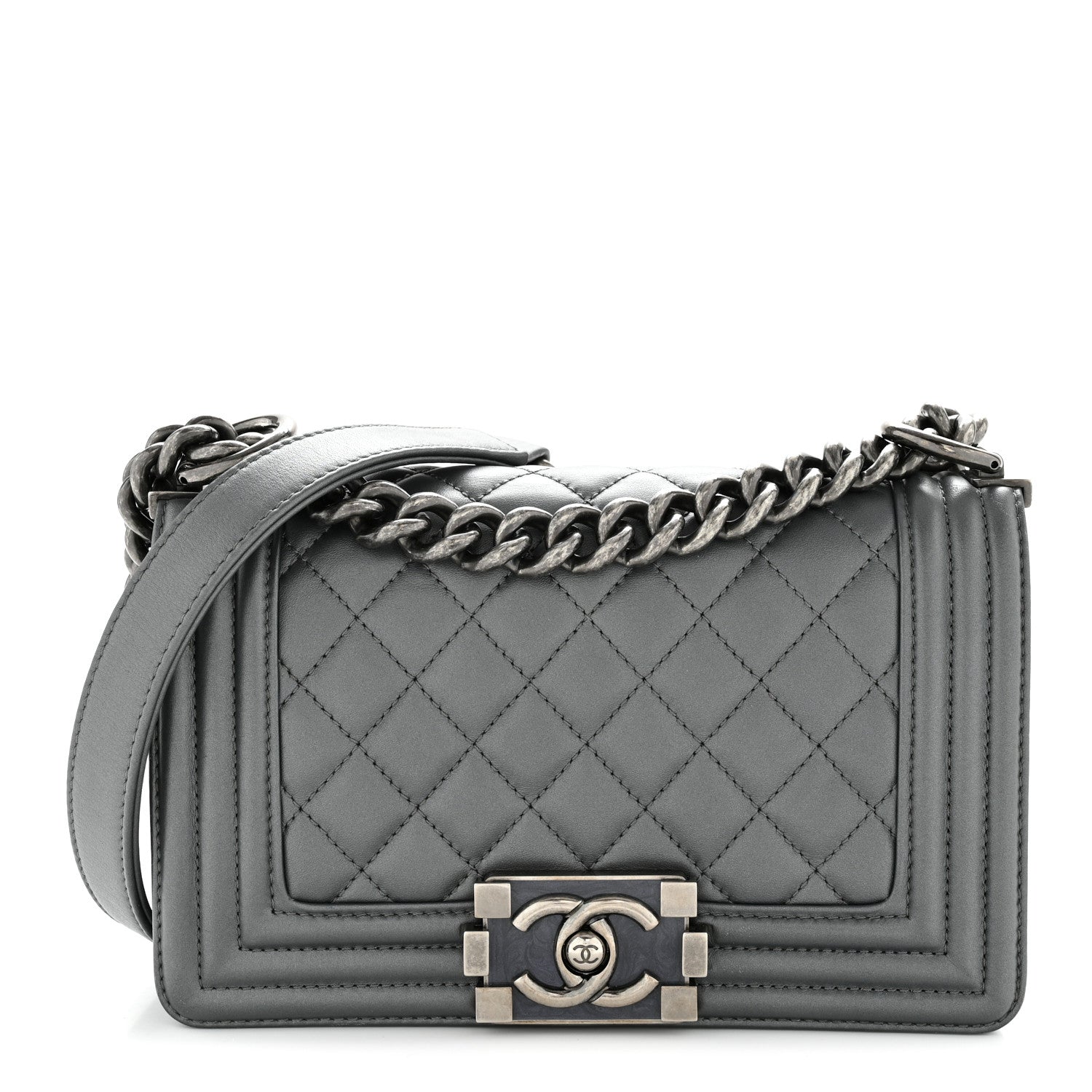 Chanel Metallic Calfskin Quilted Small Boy Flap Dark Silver