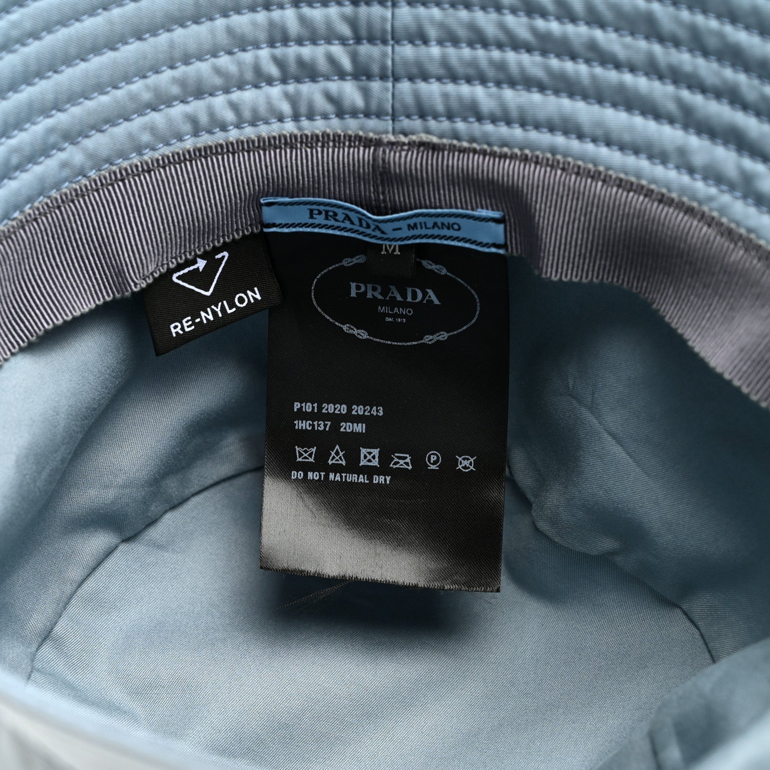 Prada Re-Nylon Metal Triangle Logo Womens Bucket Hat M Celeste