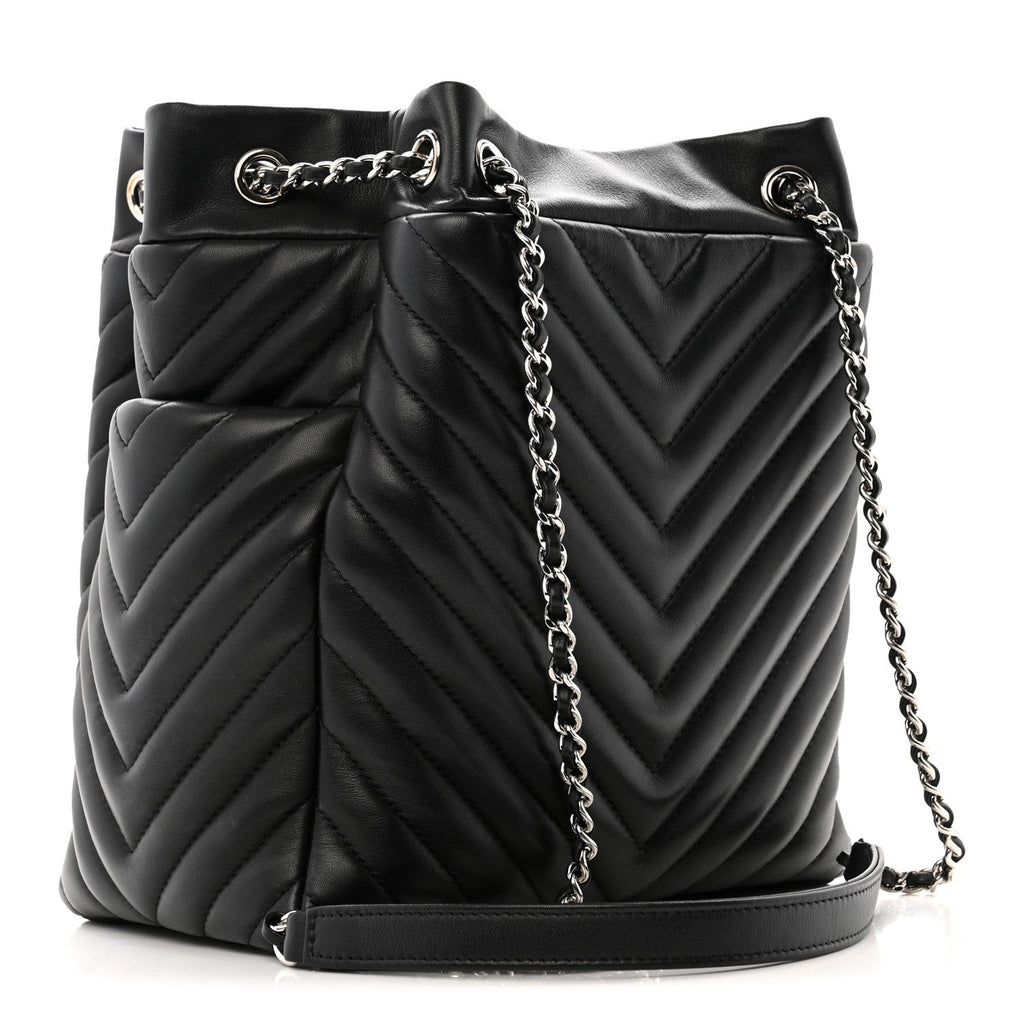 Chanel Lambskin Chevron Small Urban Spirit Drawstring Bag Black