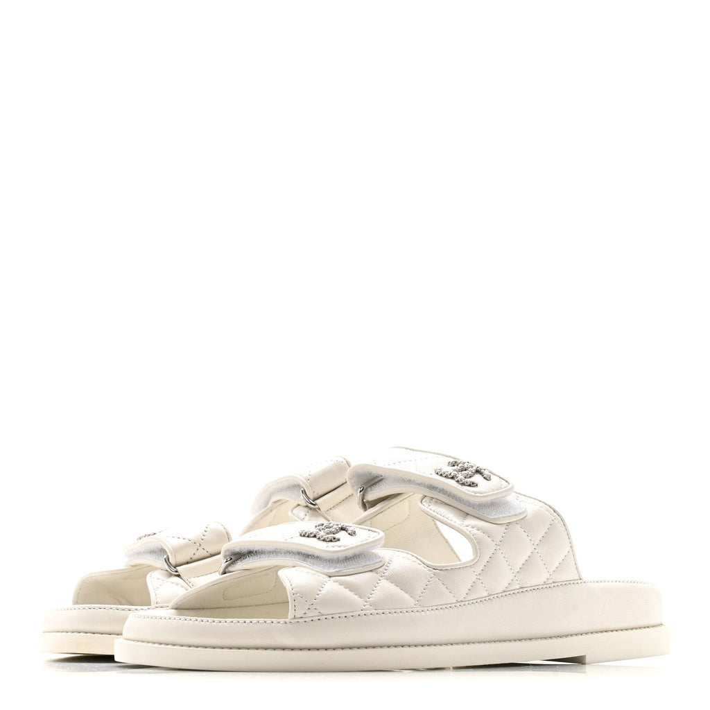 Lambskin Quilted Velcro Dad Chain CC Slide Sandals 39.5 White