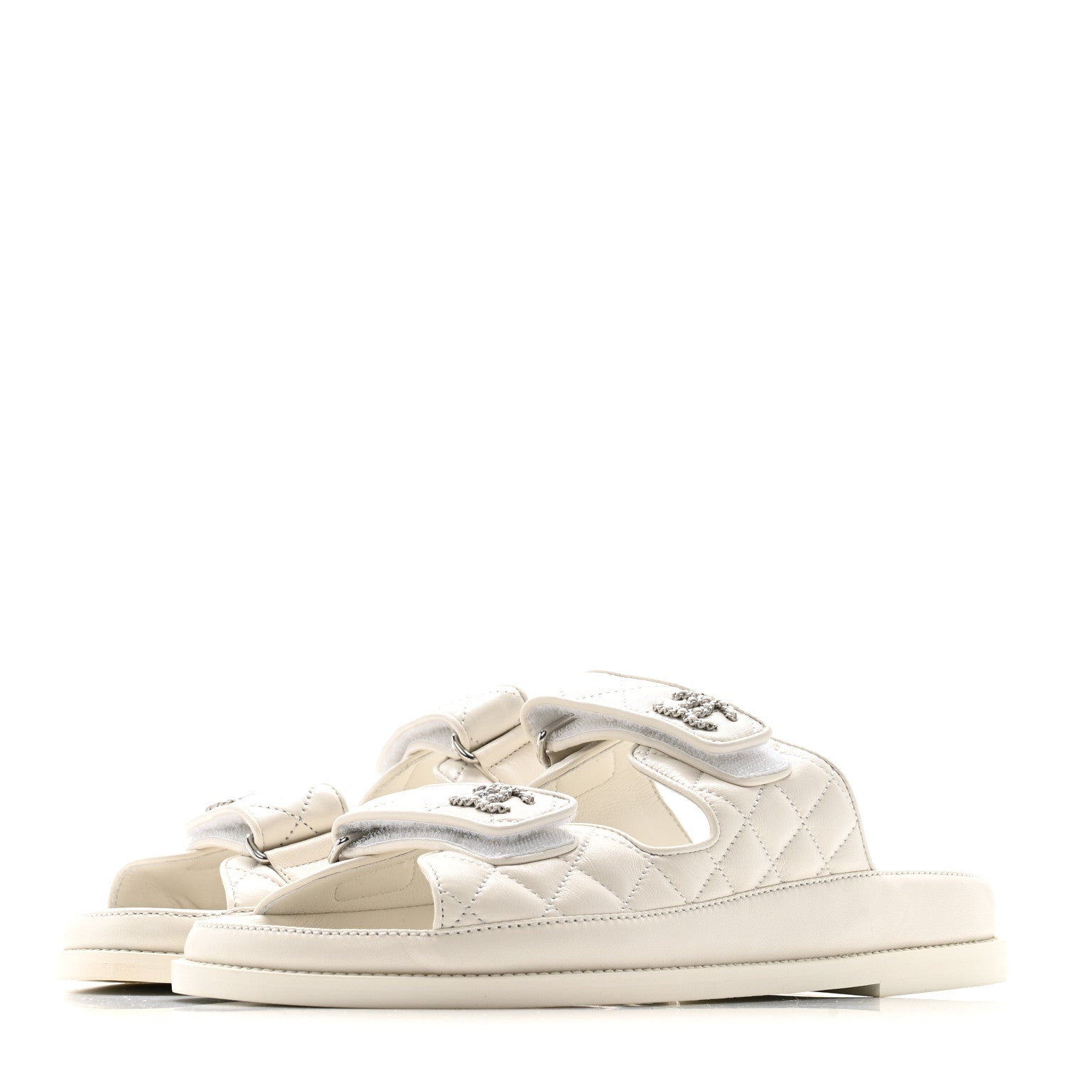 Lambskin Quilted Velcro Dad Chain CC Slide Sandals 39.5 White