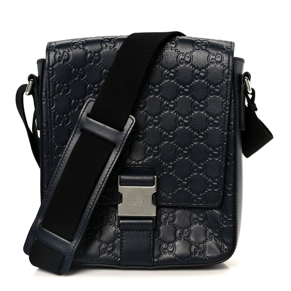 Gucci Guccissima Signature Single Buckle Flap Messenger Bag Navy