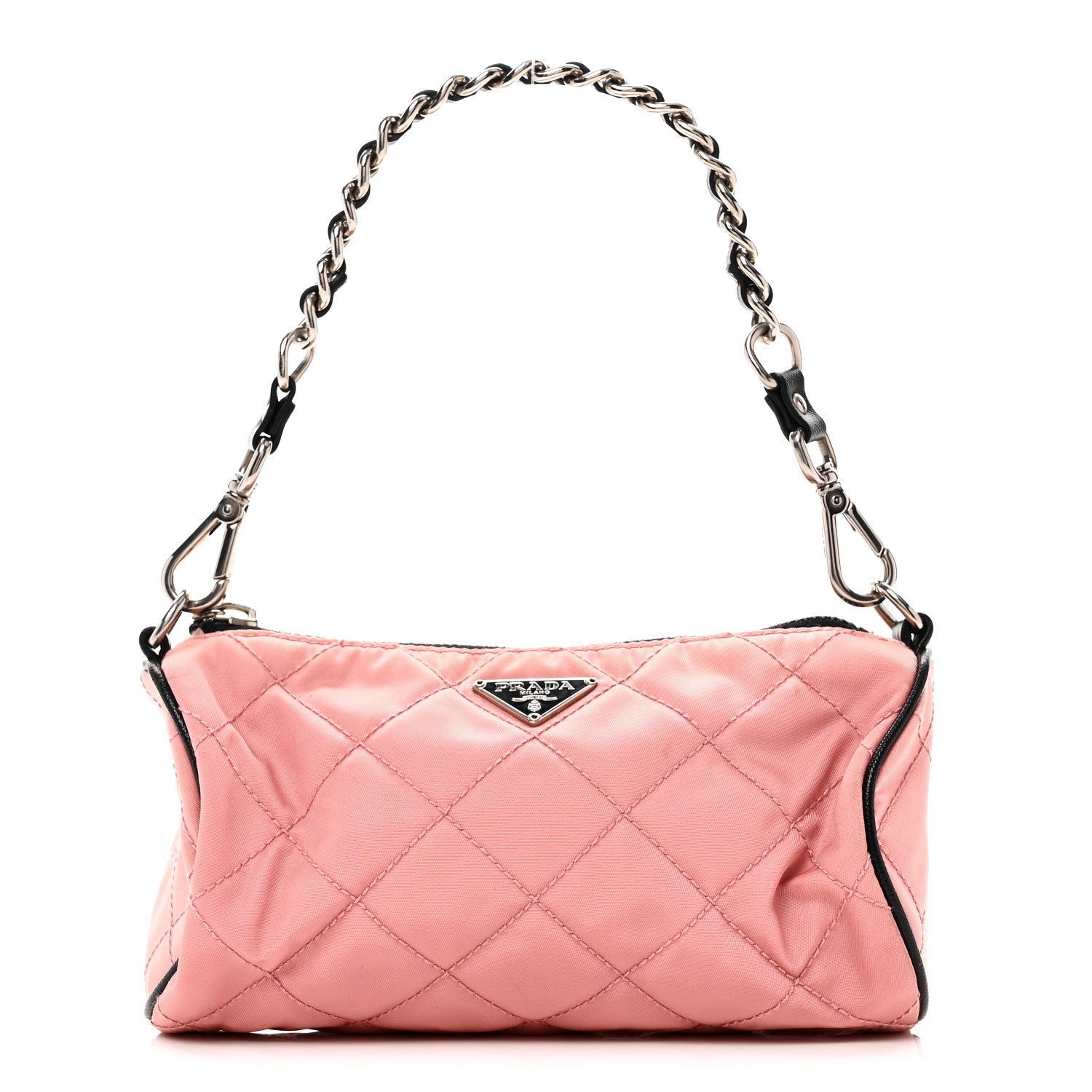 Prada Tessuto Nylon Saffiano Impunturato Quilted Barrel Pochette Pink Black