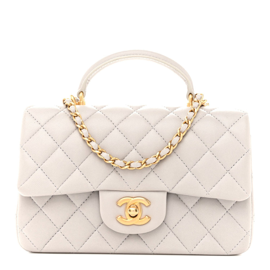 Chanel Lambskin Quilted Mini Top Handle Rectangular Flap Grey