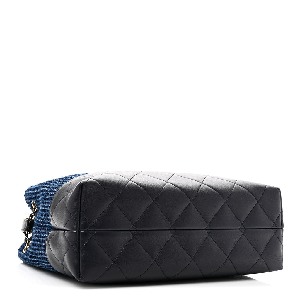 Chanel Tweed Shiny Lambskin Quilted Coco Base Small Shopping Bag Dark Blue