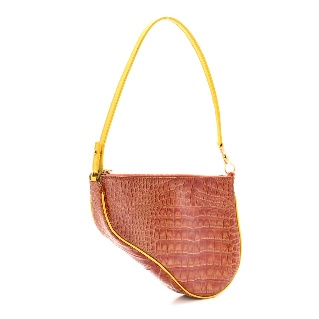 Christian Dior Patent Calfskin Crocodile Embossed Mini Saddle Pochette Orange
