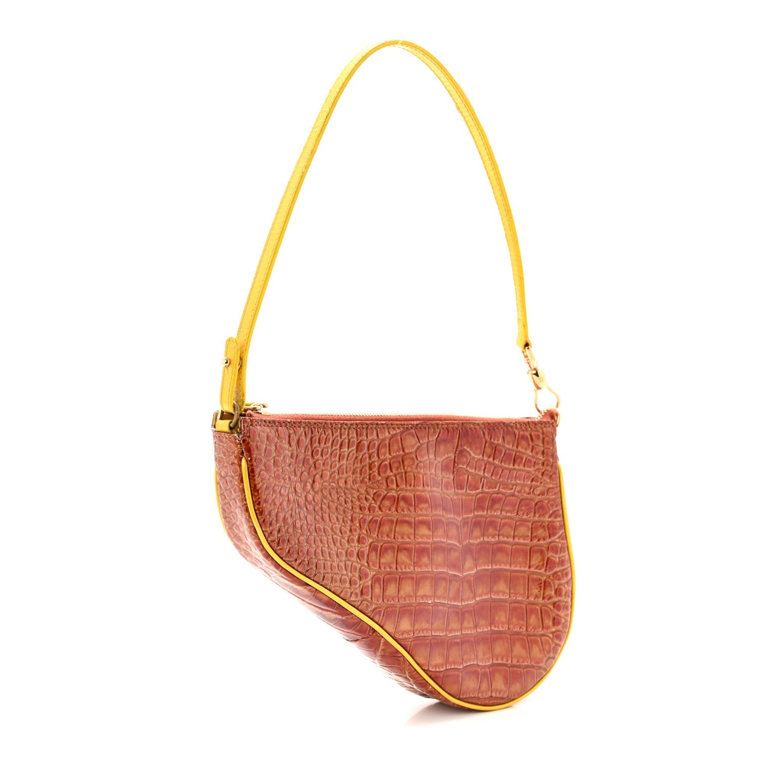 Christian Dior Patent Calfskin Crocodile Embossed Mini Saddle Pochette Orange