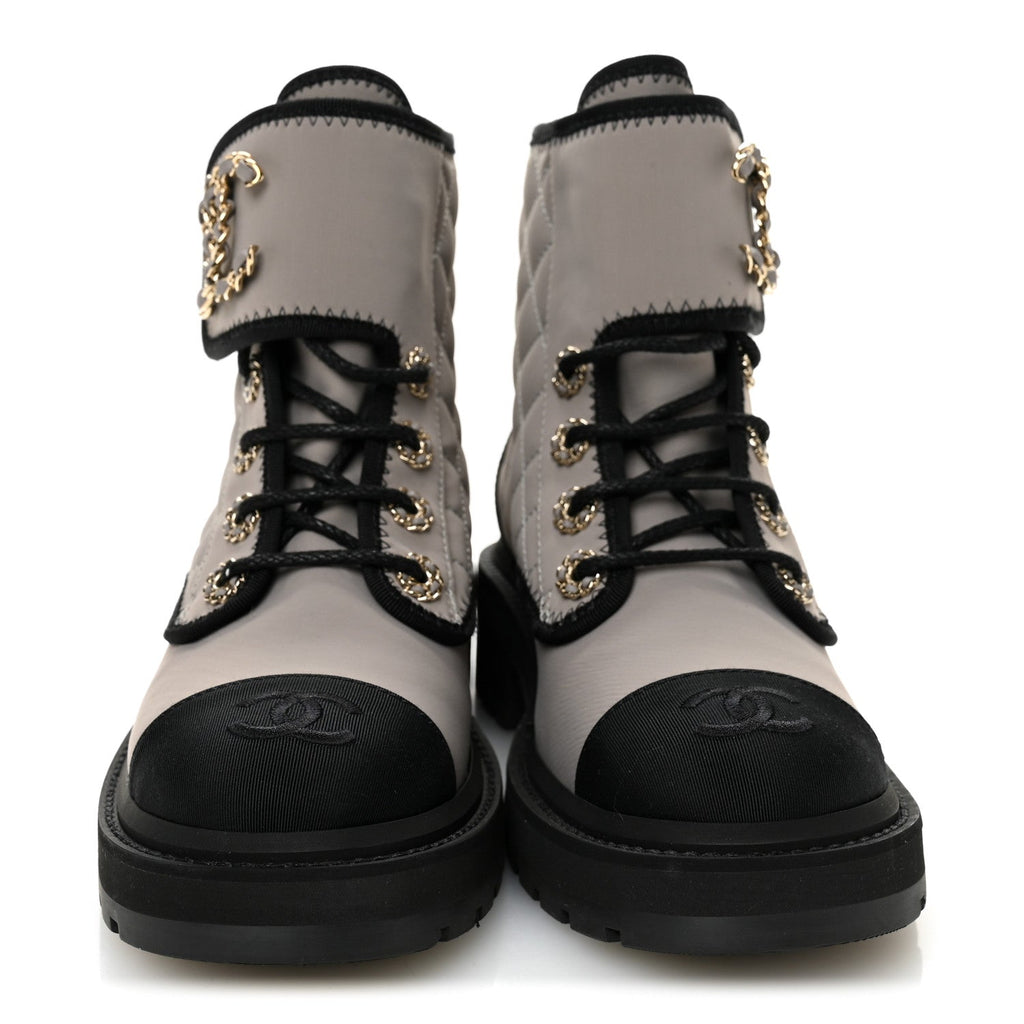 Fabric Grosgrain Quilted Cap Toe Lace Up Combat Boots 36 Gray