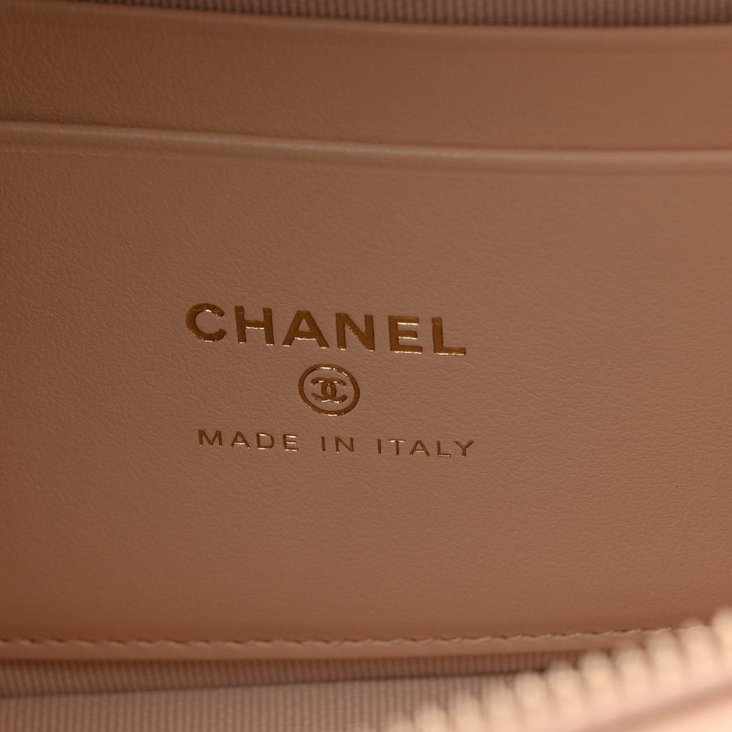 Chanel Caviar Quilted Top Handle Slim Vanity With Chain Beige