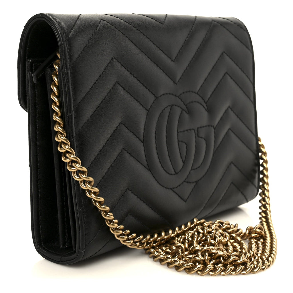 Gucci Calfskin Matelasse GG Marmont Chain Wallet Black