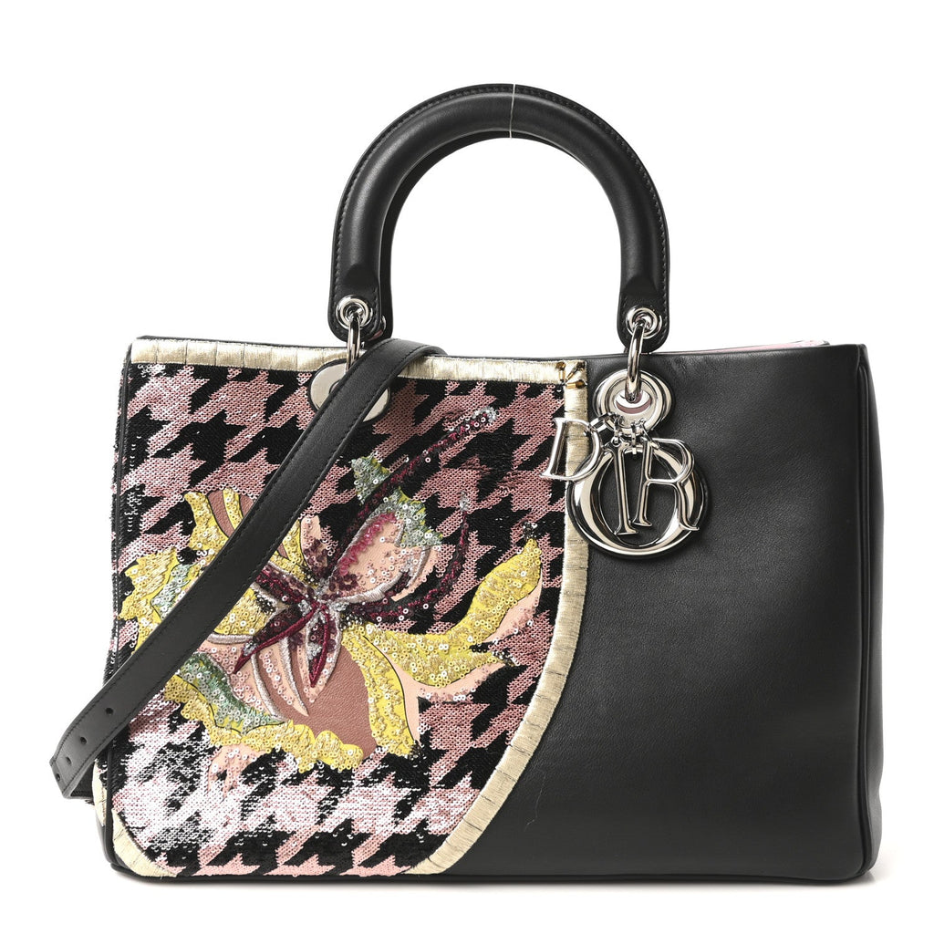 Christian Dior Smooth Calfskin Sequin Houndstooth Embroidered Medium Diorissimo Black
